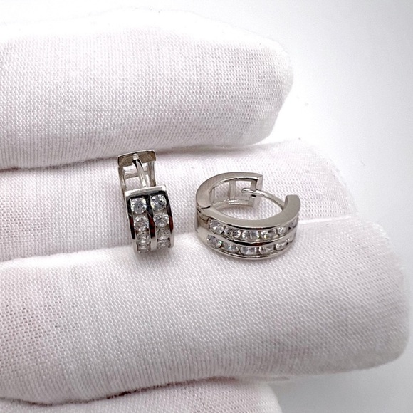 .925 Sterling Silver Cz Huggie Hoop Earrings - Picture 3 of 16